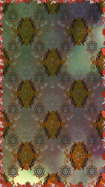 Renkli Bahar Temalı Kusursuz Arkaplan. Raster illüstrasyonu. Kahverengi ve gri renkli çiçekler. Düz Çiçek Elementleri Tasarımı. Asya tekstil tarzında. Kusursuz çiçek deseni.