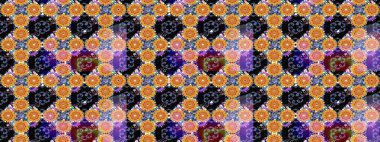 Renkli çiçekleri ve turuncu yaprakları olan harika bir çiçek deseni. Moda baskıları için zarif bir şablon. Modern çiçek arkaplanı. Halk stili.