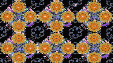 Çiçek duvar kâğıdı. Renkli çizim kalıbı. Raster illüstrasyonu. Siyah renkli şirin tekstil. Çiçek arka planı.