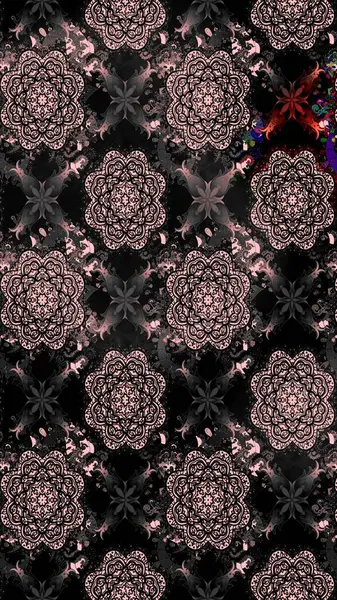 Siyah renkli Asya tekstili. Raster illüstrasyonu. Çiçek desenini çiz.