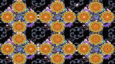 Çiçek duvar kâğıdı. Renkli çizim kalıbı. Raster illüstrasyonu. Siyah renkli şirin tekstil. Çiçek arka planı.