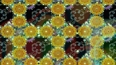 Hediye ambalaj kağıdı, tebrik kartları, posterler ve pankart tasarımı. Raster düz çiçek çizim deseni. Sarı renkte çiçekler.