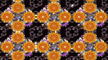 Düz Çiçek Elementleri Tasarımı. Eskiz klasiği. Renkli Bahar Teması eskiz kalıbı. Raster Şirin kumaş deseni.