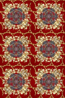 Kahverengi, bej ve kırmızı üzerine altın rengi, klasik barok çiçeksiz desenler. Lüks, kraliyet ve Viktorya dönemi konsepti. Kahverengi, bej ve kırmızı renklerde altın element. Süslü raster dekorasyonu.