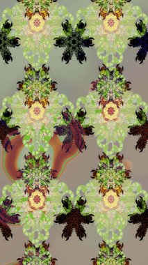 Raster deseni. Patlayan çiçekler soyut olarak yerleştirilmiş. Raster illüstrasyonu. Tarafsız ve gri renklerde bahar çiçekleri.