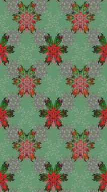 Hediye ambalaj kağıdı, tebrik kartları, posterler ve pankart tasarımı. Yeşil ve gri renkli çiçekler. Raster düz çiçek çizim deseni.