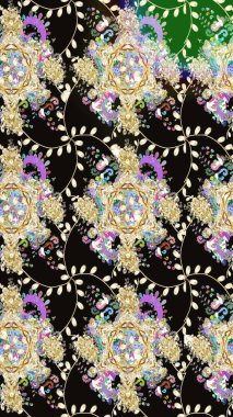 Renkli desenli eskiz deseni, siyah çiçekler ve dekoratif elementlerle. Eski usul. Raster illüstrasyonu. Kumaş, tekstil, duvar kağıdı baskısı için. Taslak arkaplan.