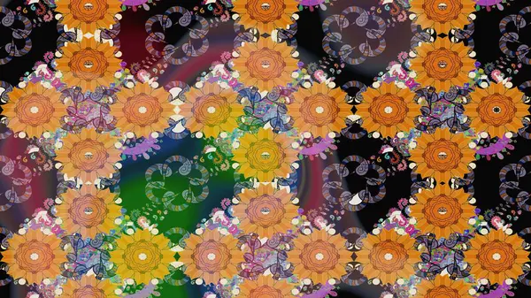 Renkli Yaz Temalı eskiz kalıbı. Yazdır. Güzel kumaş deseni. Düz Çiçek Elementleri Tasarımı. Raster çiçekli arka plan. Güzel çizim şekli..