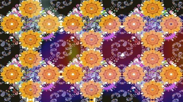 Renkli Yaz Temalı eskiz kalıbı. Raster Illustrasyon 'daki Çiçek Deseni' nin son moda çizimi. Sarı renkli çiçekler. Düz Çiçek Elementleri Tasarımı.