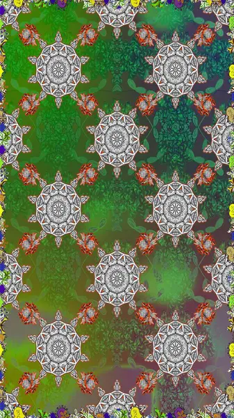 Raster illüstrasyonu. Suluboya, elle çizilmiş. Kusursuz bir arka plan modeli. Yeşil ve gri yapraklı yabani çiçekler.