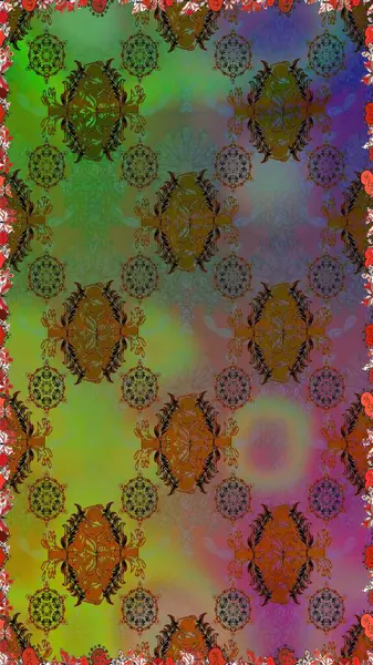 Yeşil ve kahverengi renklerde etnik çiçeklerle kusursuz bir desen. Raster Çiçek İllüstrasyon Şirin Tekstil.