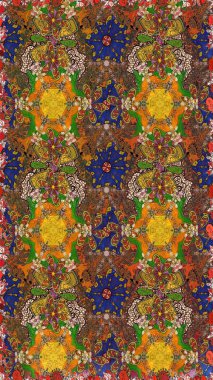 Modern çiçek arkaplanı. Halk tarzı. Moda baskıları için zarif bir şablon. Parlak renkli çiçekleri ve kahverengi yaprakları olan harika bir çiçek deseni..