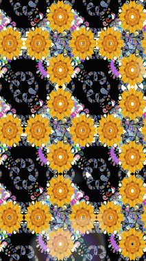 El çizimi çiçek unsurları olan soyut çizim raster deseni. Çiçekli ipek eşarp. Retro tekstil tasarım koleksiyonu. 1950-1960 motifleri. Sarı üstüne sarı.