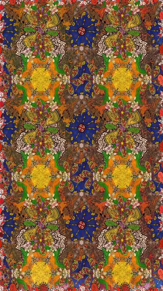 Modern çiçek arkaplanı. Halk tarzı. Moda baskıları için zarif bir şablon. Parlak renkli çiçekleri ve kahverengi yaprakları olan harika bir çiçek deseni..