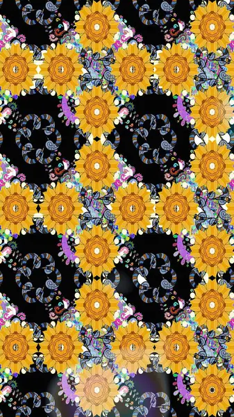 El çizimi çiçek unsurları olan soyut çizim raster deseni. Çiçekli ipek eşarp. Retro tekstil tasarım koleksiyonu. 1950-1960 motifleri. Sarı üstüne sarı.