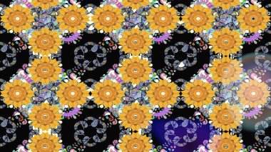 Raster illüstrasyonu. Sarı renkli güzel bir tekstil. Suluboya çiçekli çiçek deseni.