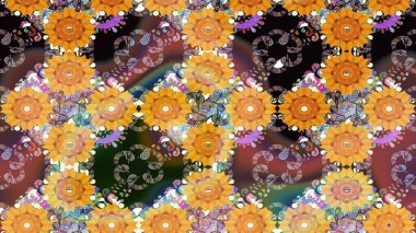 Kahverengi arka planda. Tekstil, kumaş, ambalaj, hatıra defteri için hoş bir çiçek arkaplanı. Çocuksu tasarım. Elle çizilmiş karalama çiçekleri ile Raster çizim deseni.