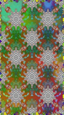 Çiçekli karalama şeklinde Raster çiçek deseni. Yeşil ve gri renkli çiçekler. Yumuşak, bahar çiçekli arka plan.