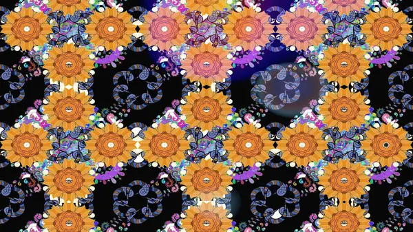 Parlak renkli çiçekli ve siyah yapraklı harika bir çiçek deseni. Moda baskıları için zarif bir şablon. Halk tarzı. Modern çiçek arkaplanı.
