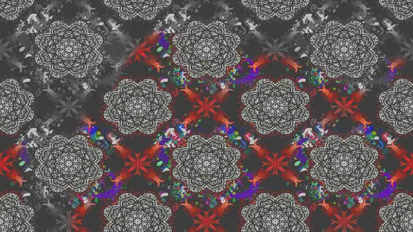 Parlak renkli çiçekleri ve gri renkli yaprakları olan harika bir çiçek deseni. Moda baskıları için zarif bir şablon. Halk tarzı. Modern çiçek arkaplanı.