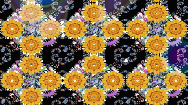 Süslü kumaş deseni. Renkli Bahar Teması eskiz kalıbı. Düz Çiçek Elementleri Tasarımı. Raster illüstrasyonunda çiçek deseni çizimi.