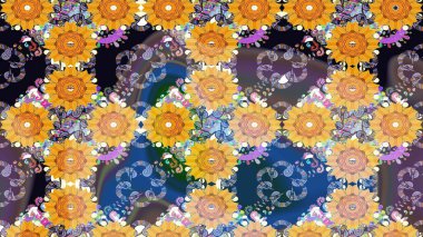 Sarı renkli çiçekler. Hediye ambalaj kağıdı, tebrik kartları, posterler ve pankart tasarımı. Raster düz çiçek çizim deseni.