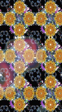 Çiçeksel elementlerle süslenmiş zarif raster dokusu. Siyah renkler ve parlak çiçekler üzerine soyut çizim deseni. Küçük çiçekte şirin bir çiçek deseni var..