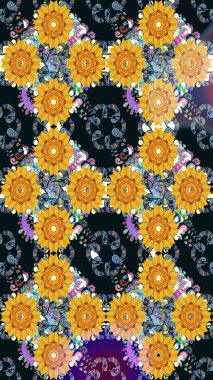 Elle çizilmiş çiçek desenli Raster çizimi. Sarı arka planda. Çocuksu tasarım. Tekstil, kumaş, ambalaj, hatıra defteri için güzel çiçek arkaplanı..