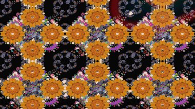 El çizimi çiçek çizimi deseni (fayans). Şirin çiçekli, desenli, siyah renkli renkli bir eskiz. Tekstil için suluboya çizim deseni.