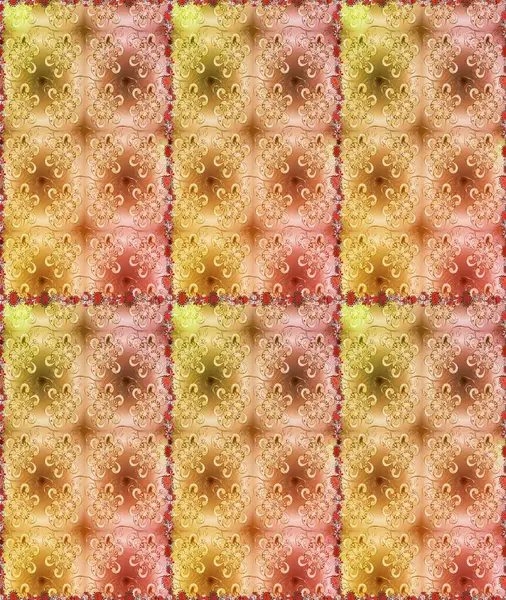 Renkli Yaz Temalı Kusursuz Arkaplan. Düz Çiçek Elementleri Tasarımı. Raster illüstrasyonunda kusursuz çiçek deseni. Bej ve kahverengi renkte çiçekler.