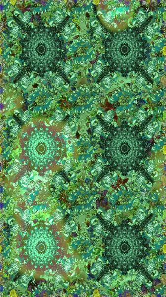 Çiçek deseni. Yeşil ve mavi renklerde çiçeksiz. Şatafatlı bahar bahçesi dokusu. Raster illüstrasyonu. Yeşil ve mavi renkte çiçekler.