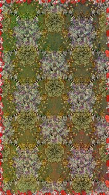 Kahverengi ve yeşil renkli, parlak çiçekli, soyut, pürüzsüz desen. Çiçeksel elementlerle süslenmiş zarif raster dokusu. Küçük çiçekte şirin bir çiçek deseni var..