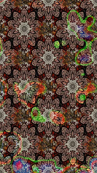 El çizimi çiçek unsurları olan soyut çizim raster deseni. Kahverengi üzerine kahverengi. Çiçekli ipek eşarp. 1950-1960 motifleri. Retro tekstil tasarım koleksiyonu.