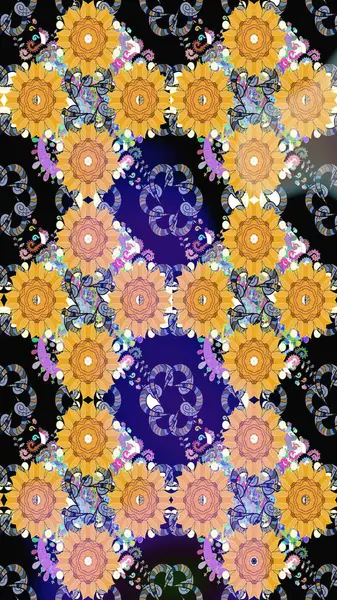 Düz Çiçek Elementleri Tasarımı. Güzel kumaş deseni. Renkli Bahar Teması eskiz kalıbı. Raster illüstrasyonunda çiçek deseni çizimi.