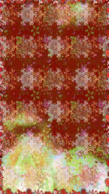 Kusursuz çiçek deseni. Raster illüstrasyonu. Düz Çiçek Elementleri Tasarımı. Renkli Bahar Temalı Kusursuz Arkaplan. Kahverengi ve kırmızı renkte çiçekler. Asya tekstil tarzında.