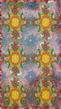 Çiçek desenli çizim. Raster illüstrasyonu. Tarafsız renklerde Asyalı tekstil.