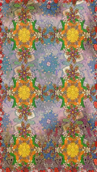 Çiçek desenli çizim. Raster illüstrasyonu. Tarafsız renklerde Asyalı tekstil.