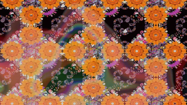 Raster illüstrasyonu. Raster illüstrasyonundaki çiçek desenli çizim. Turuncu renklerde. Güzel kumaş deseni.