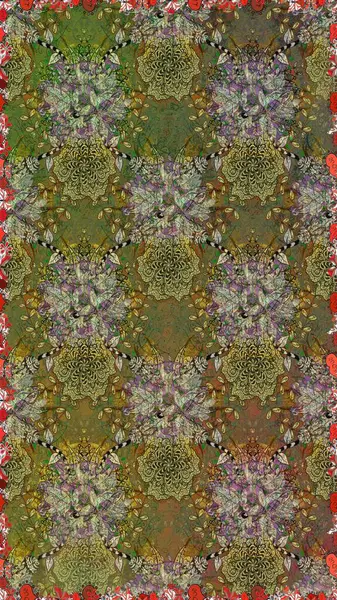 Kahverengi ve yeşil renkli, parlak çiçekli, soyut, pürüzsüz desen. Çiçeksel elementlerle süslenmiş zarif raster dokusu. Küçük çiçekte şirin bir çiçek deseni var..