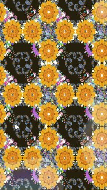 Nazikçe, sarı renkte bahar çiçekleri. Çiçek ve yapraklı karalama şeklinde Raster çiçek deseni. Raster illüstrasyonu.