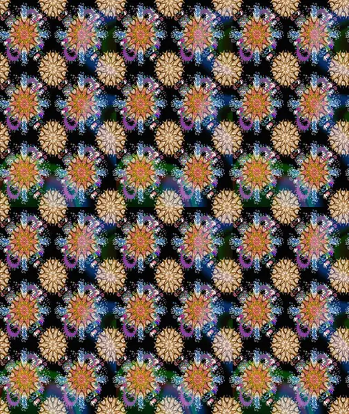 Parlak renkli çiçekli ve siyah yapraklı harika bir çiçek deseni. Moda baskıları için zarif bir şablon. Modern çiçek arkaplanı. Halk stili.