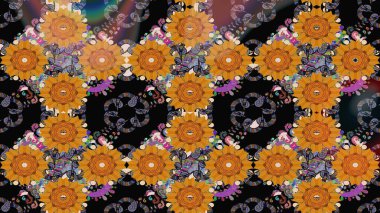 Renkli grunge, soyut arkaplanı koloturuncu çiçeklerle süslüyor. Parmak izi, kumaş, duvar kâğıdı, tekstil için raster dokusu. Nakış desenli çiçek deseni..