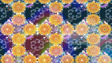 Raster illüstrasyonu. Çiçek arkaplan. Mavi renkli şirin tekstil tarzında. Renkli çizim kalıbı. Çiçek duvar kağıdı.