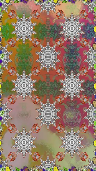 Çiçeksiz desenli nakış işlemeli gelincikler ve vadideki zambaklar. Tekstil tasarımı için gri ve kahverengi renkli geleneksel halk çiçekleri..