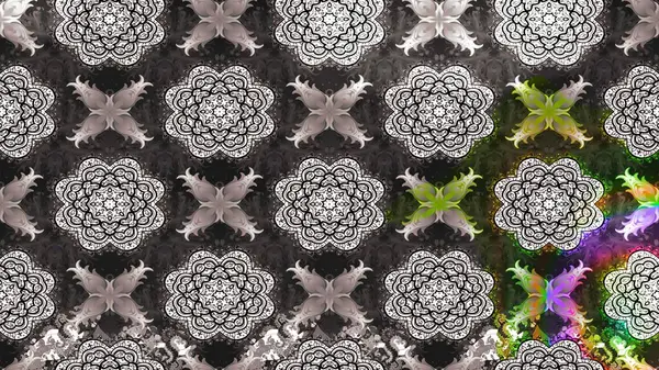 Çok renkli, zarif küçük çiçekler ve gri renkli komik böcekler, raster desen, illüstrasyon.