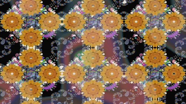 Çocuksu tasarım. Kahverengi arka planda. Elle çizilmiş çiçek desenli Raster çizimi. Tekstil, kumaş, ambalaj, hatıra defteri için güzel çiçek arkaplanı..