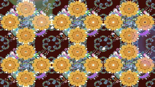 Raster illüstrasyonu. Kahverengi renklere karalamalar çizilmiş çiçek deseni.