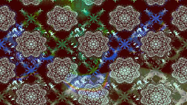 Asya tekstil tarzında. Kahverengi renkli çiçekler. Raster illüstrasyonu. Çiçek desenli çizim. Renkli Bahar Teması eskiz kalıbı. Düz Çiçek Elementleri Tasarımı.