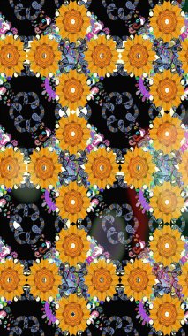 Düz Çiçek Elementleri Tasarım Raster illüstrasyonu. Çiçekli çiçek deseni, suluboya. Siyah renkli çiçekler. Renkli Bahar Teması Eskiz Şablonu.