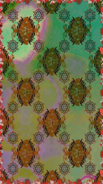 Raster Floral Illustration, Asyalı tekstil. Yeşil renkli etnik çiçeklerle kusursuz bir desen..